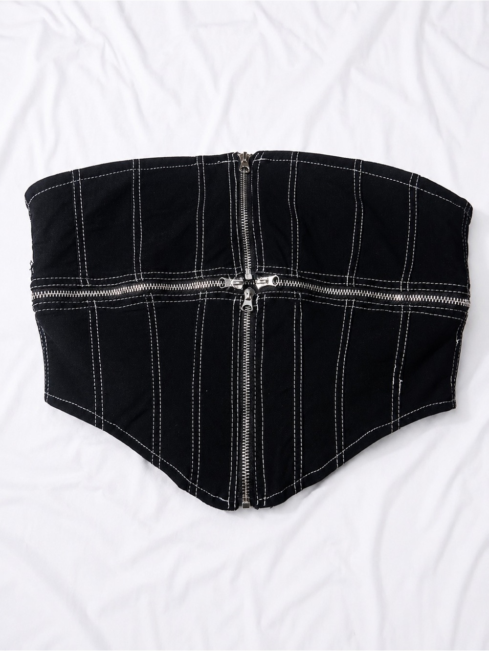 Black Strapless Corset Top with Contrast Stitching and Front Zipper
